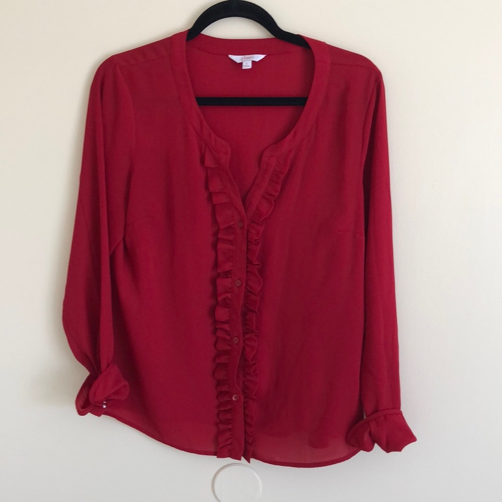 Red Ruffle Button Down Blouse - nwot